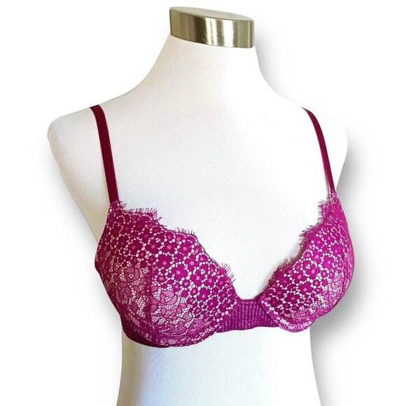 Victorias Secret 32B Bra Magenta Pink Metallic Lace Push Up Underwire Padded - Picture 1 of 7